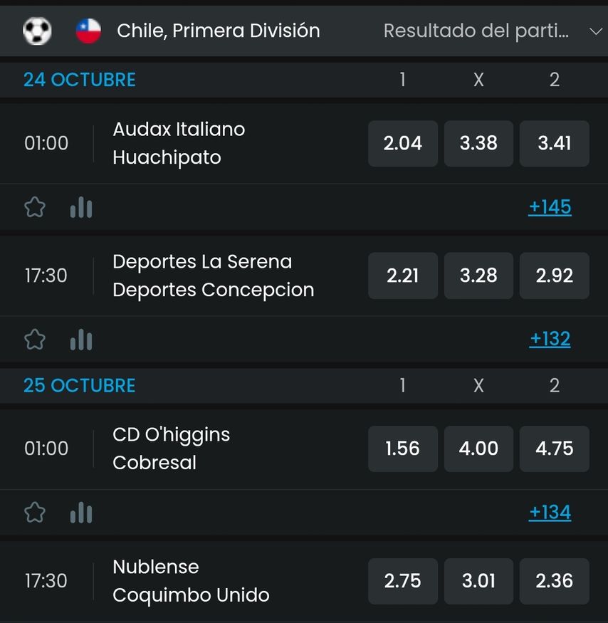 Captura de MyStake aportada por el propietario con mercados 1X2 de O’Higgins-Cobresal y Ñublense-Coquimbo Unido; también muestra partidos previos de la fecha 25 de la Liga de Primera.