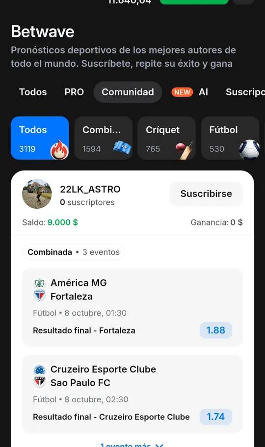 Pestaña Comunidad de Betwave con una apuesta combinada de tres eventos